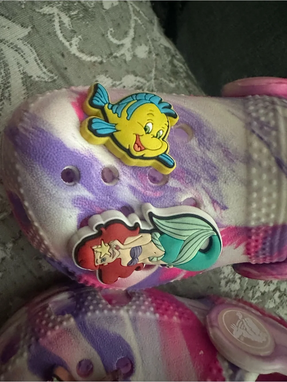 CROCS Kids Pink Purple Tie-Dye Clogs with Ariel Jibbitz